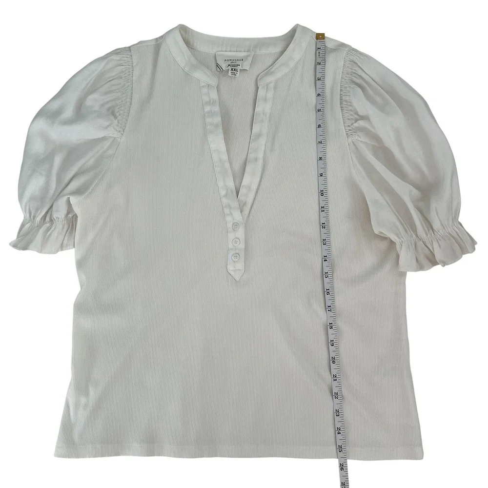 Pomander Place White Livia Puff Sleeve‎ V Neck Top SZ  XXL Costal Minimalist